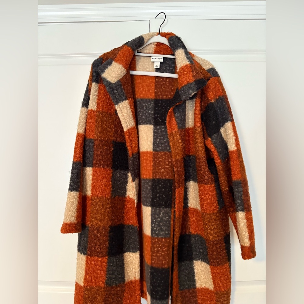 Ava & Viv Checkered Teddy Jacket - Orange, Black, Cream